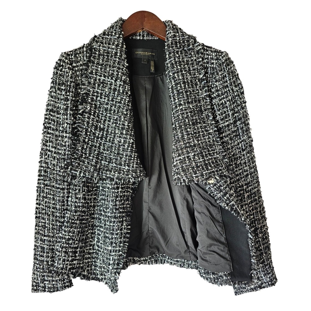 Donna Karan New York Black White Tweed Fringe Trim Wide Lapel Jacket Size 2 NWT